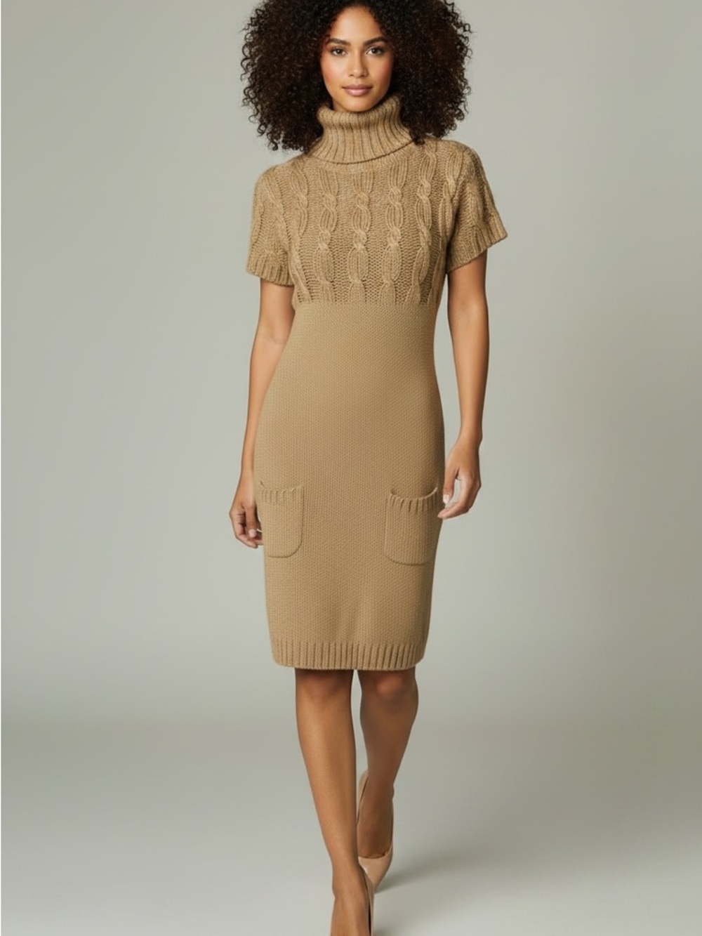 Rabbit Rabbit Rabbit Camel Cable-Knit Turtleneck Midi Dress